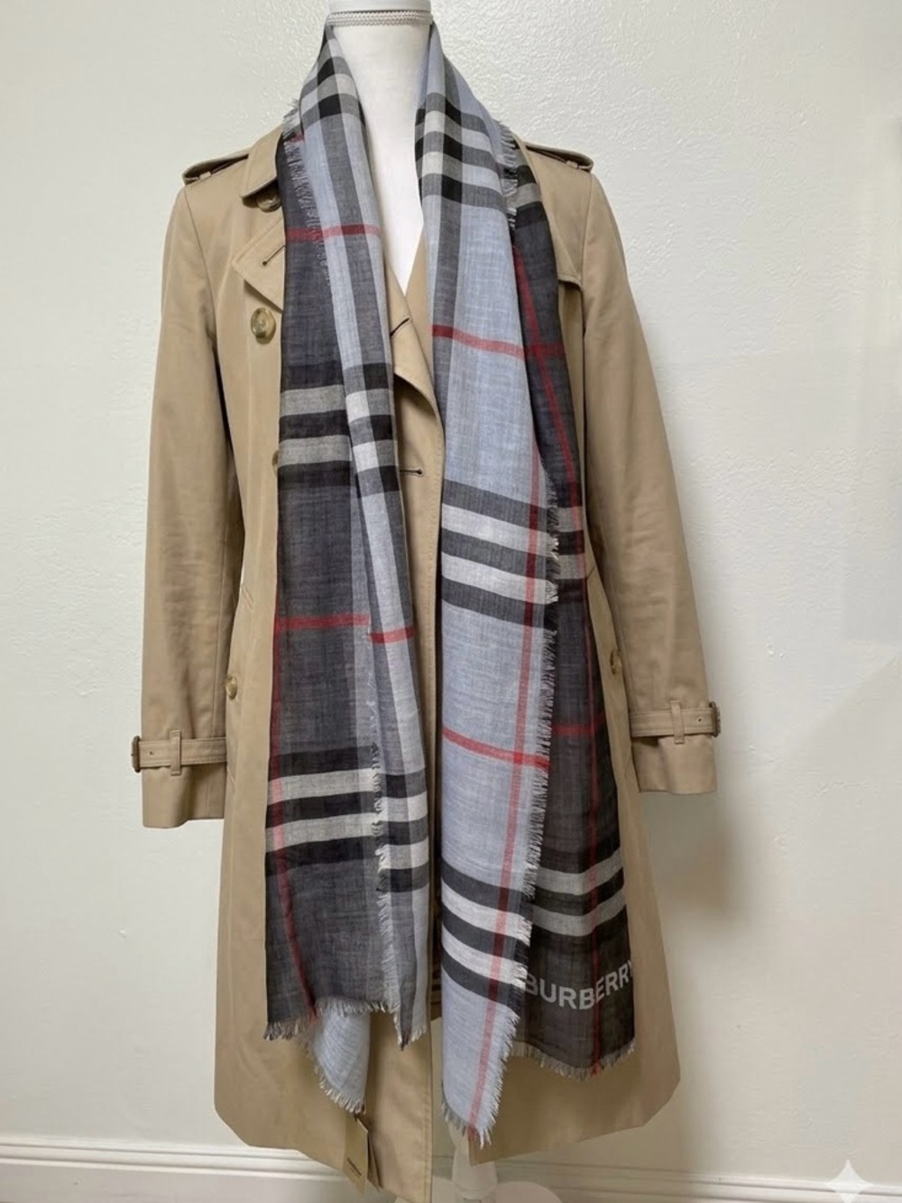 BURBERRY GIANT CHECK SILK & WOOL GAUZE WRAP / SCARF.